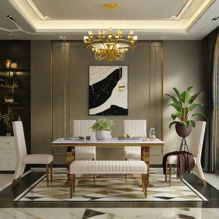 Rosdorf Park Cream Velvet Dining Chairs With Channel Back And Mirror